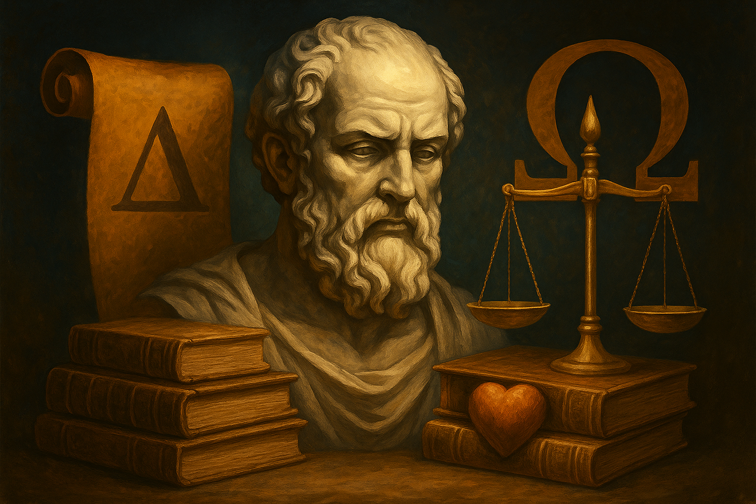 Símbolos da filosofia, busto de pensador, livros antigos.