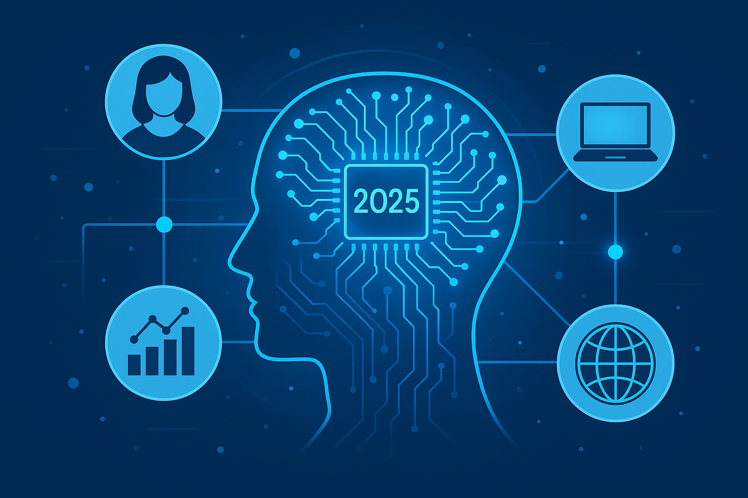 Representação visual da inteligência artificial em 2025 conectando pessoas, dados e tecnologia.