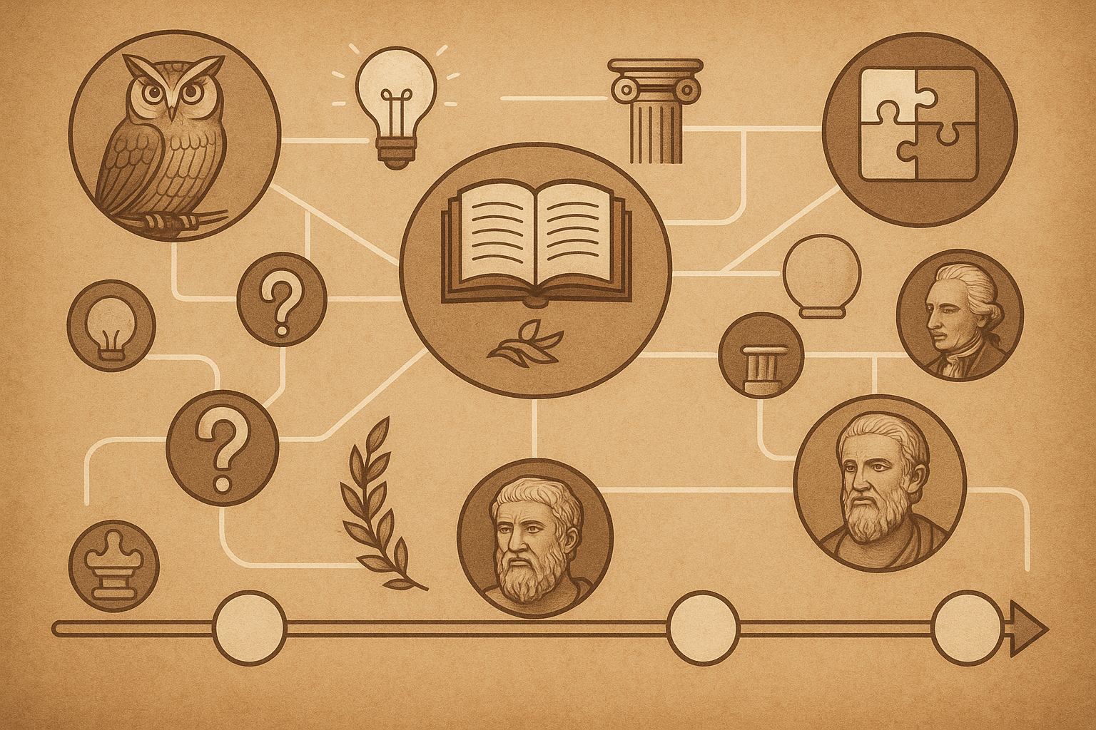 Mapa mental e linha do tempo com ícones de sabedoria e filósofos.