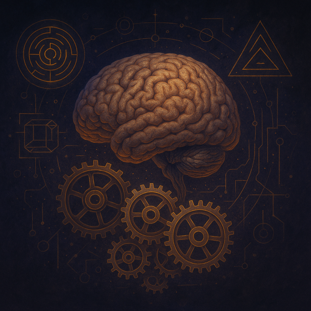 Cérebro cercado por símbolos de lógica, engrenagens e desafios.