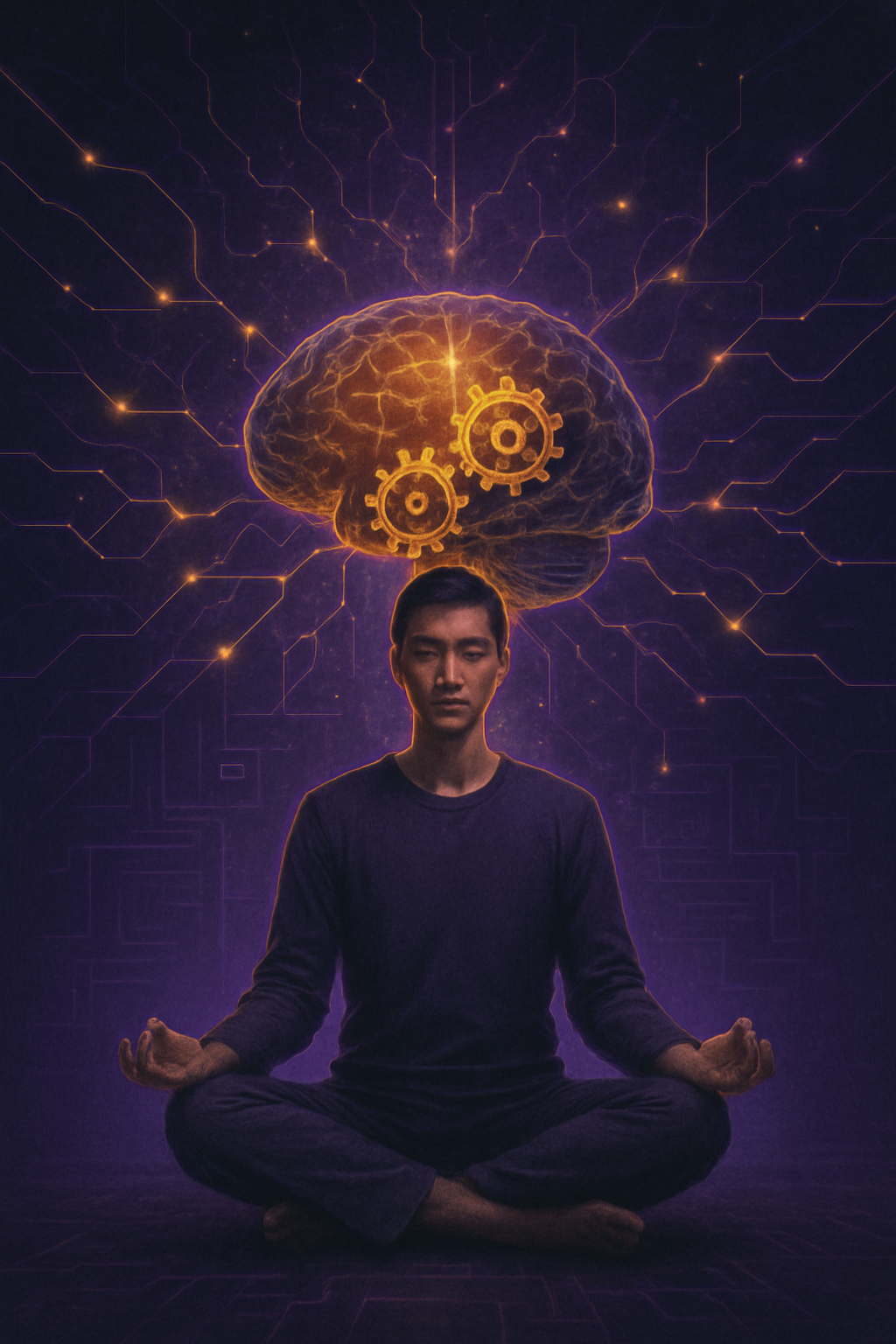 Pessoa meditando com conexões neurais se iluminando ao fundo.
